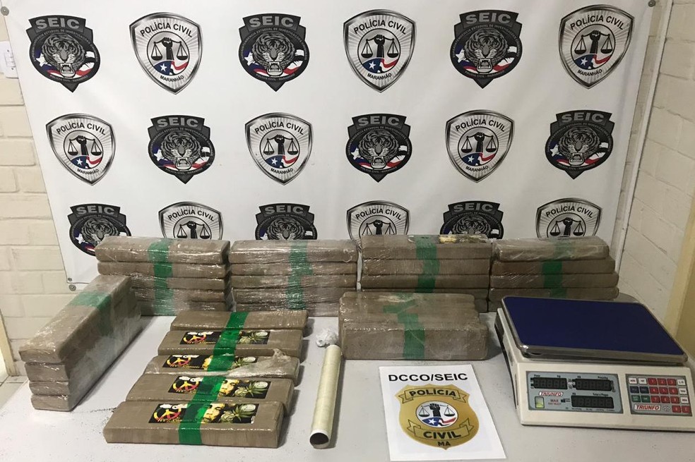 32 kg de maconha prensada estava distribuÃ­da em 34 tabletes. Droga estava escondida no bairro Cohafuma, em SÃ£o LuÃ­s (MA) â Foto: DivulgaÃ§Ã£o/PolÃ­cia Civil