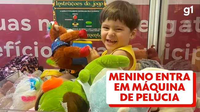 Menino entra em máquina de pelúcias de shopping na Zona Norte do Rio
