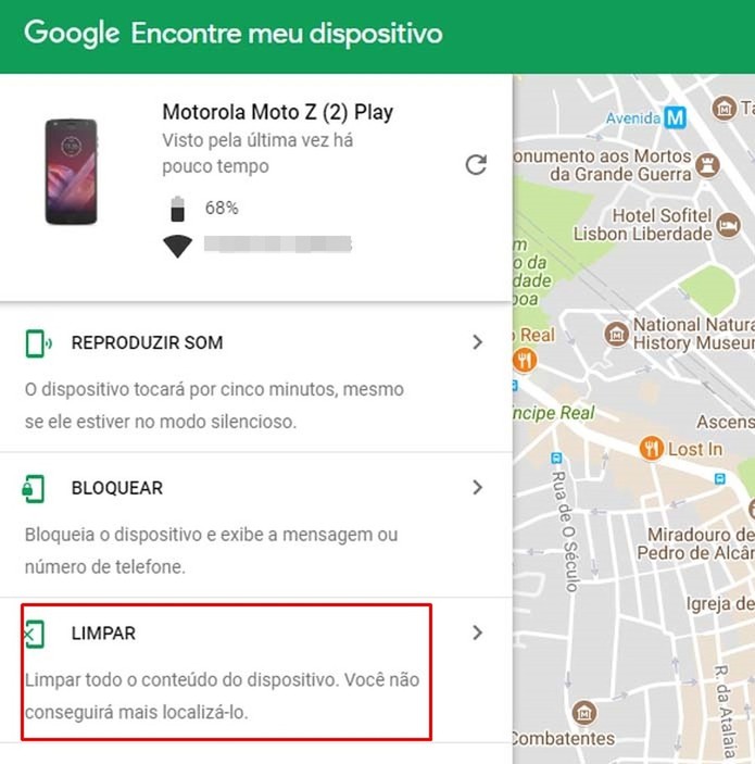 Também é possível apagar os dados associados à conta do Google remotamente (Foto: Reprodução/Taysa Coelho) Também é possível apagar os dados associados à conta do Google remotamente (Foto: Reprodução/Taysa Coelho)
