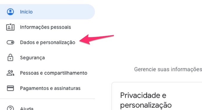 Ação para acessar as opções para dados e personalização em uma conta do Google (Foto: Reprodução/Marvin Costa) Ação para acessar as opções para dados e personalização em uma conta do Google (Foto: Reprodução/Marvin Costa)