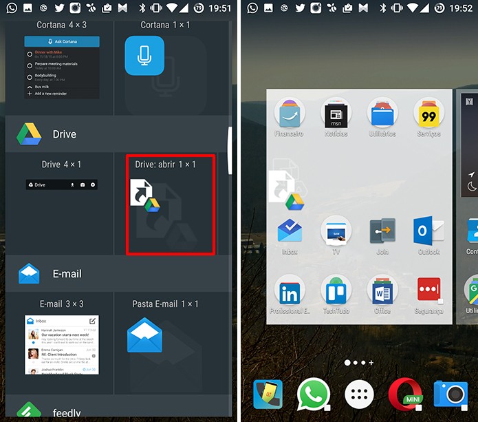 Usuário deve posicionar widget na tela inicial do Android para criar atalho do Drive (Foto: Reprodução/Elson de Souza)
