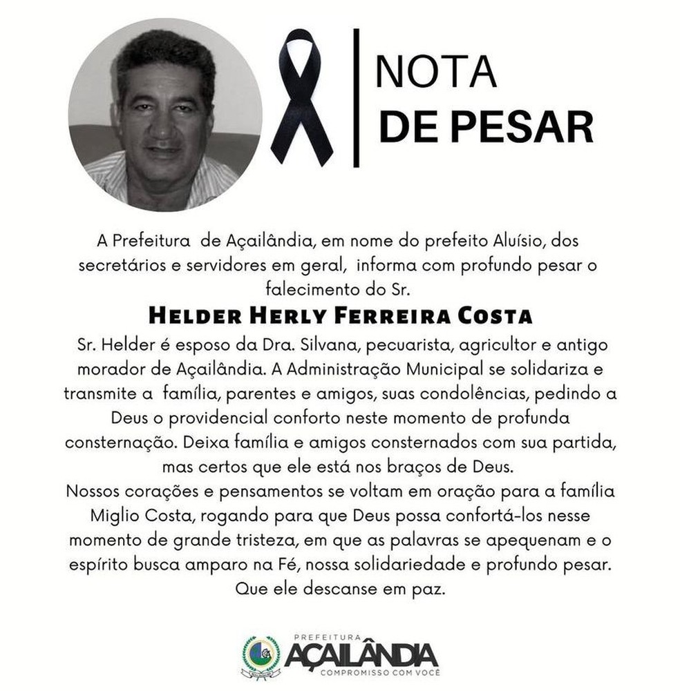 Nota de pesar lamentando a morte de Helder Herly Ferreira Costa &mdash; Foto: Reprodu&ccedil;&atilde;o/Redes sociais