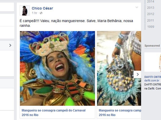 Chico César comemora vitória da Mangueira (Foto: Reprodução/Facebook)