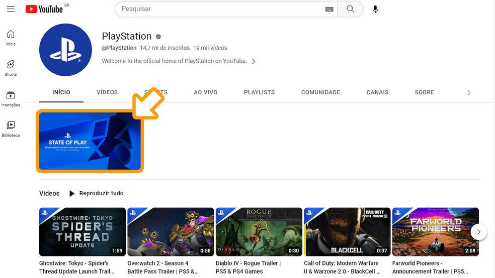 Acesse o canal do PlayStation no YouTube e a apresentação State of Play estará entre os mais recentes — Foto: Reprodução/Rafael Monteiro