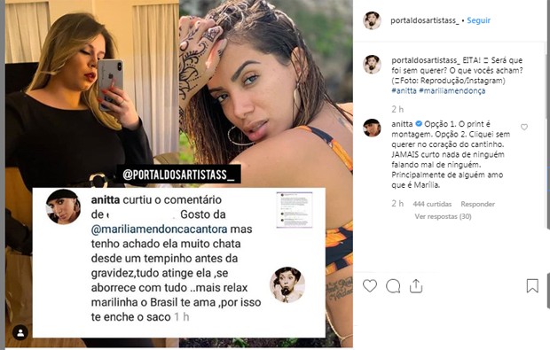 Anitta curte comentário falando mal de Marilia Mendonça (Foto: Reprodução/Instagram)