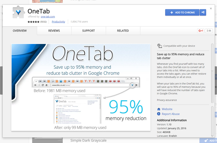 OneTab promete salvar até 95% da memória ao acumular abas em listas (Foto: Reprodução/Filipe Garrett)