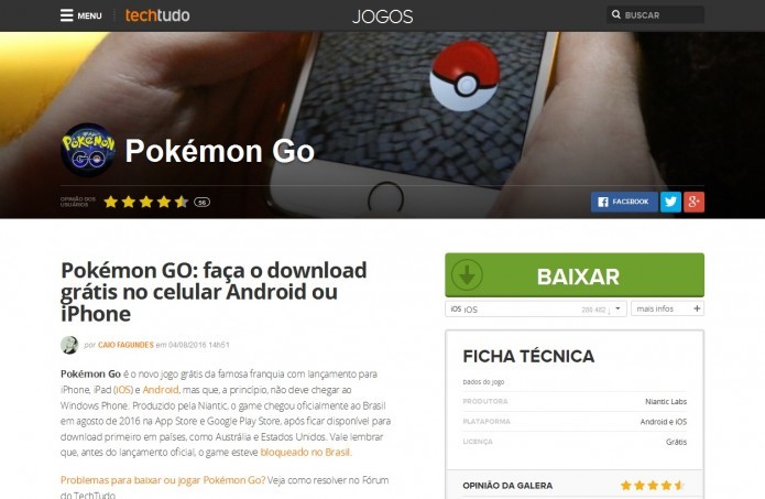 Acesse a página de download de Pokémon Go no Techtudo para baixar o game (Foto: Reprodução/Paulo Vasconcellos)