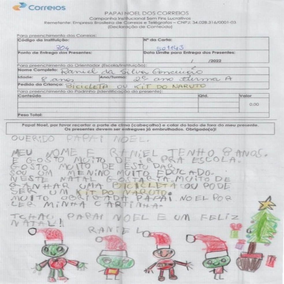 Raniel da Silva, de 8 anos, pede uma bicicleta  — Foto: Foto: Correios/ Reprodução 