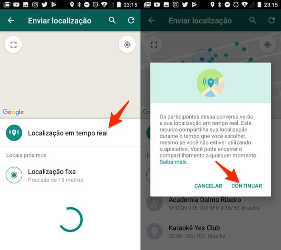 Ação para definir o compartilhamento de localização em tempo real no WhatsApp para Android (Foto: Reprodução/Marvin Costa)