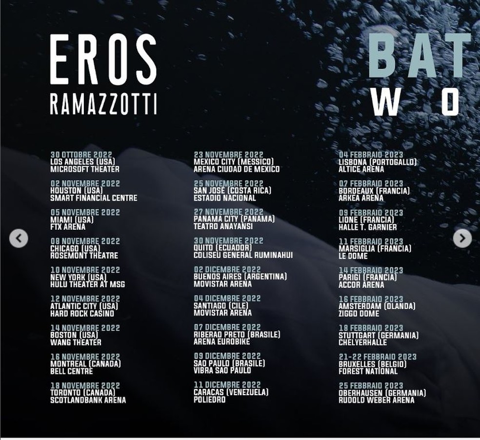 Eros Ramazzotti fará dois shows no Brasil pela turnê mundial em 2022  — Foto: Reprodução/Instagram