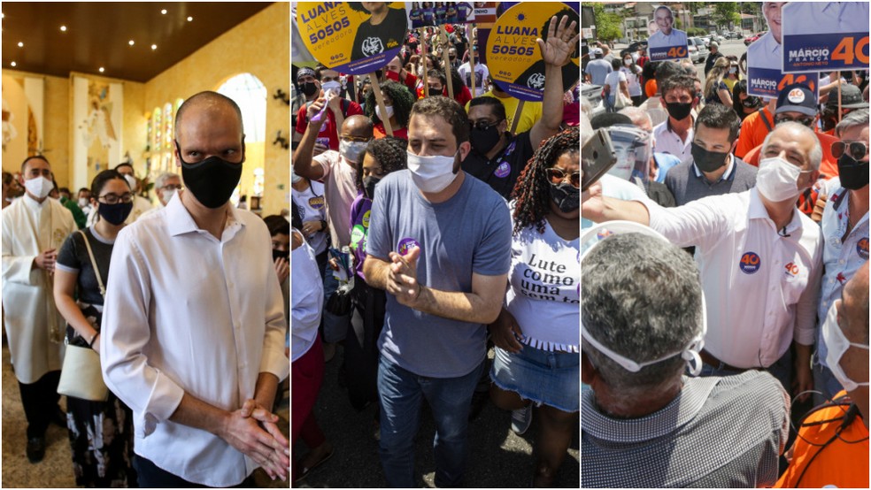 Os candidatos à Prefeitura de São Paulo Bruno Covas (PSDB), Guilherme Boulos (PSOL) e Márcio França (PSB) no início oficial das agendas de campanha neste domingo (27). — Foto: Felipe Rau, Taba Benedicto e Tiago Queiroz/Estadão Conteúdo
