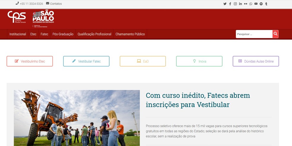 Etec e Fatec est&atilde;o com inscri&ccedil;&otilde;es abertas e avalia&ccedil;&atilde;o ser&aacute; feita atrav&eacute;s do hist&oacute;rico escolar &mdash; Foto: Reprodu&ccedil;&atilde;o/Site Centro Paula Souza