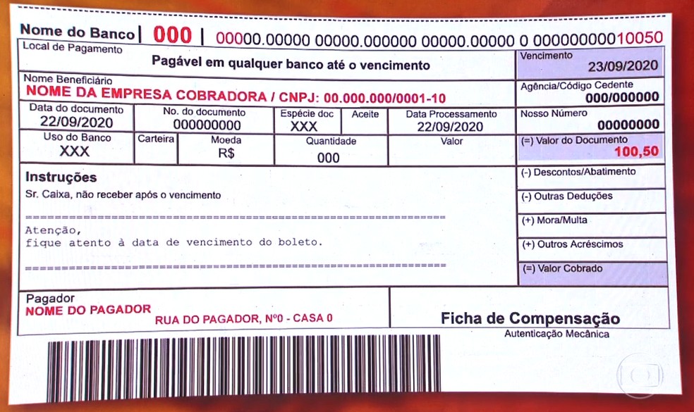 Boleto verdadeiro deve ter código do banco, dados do pagador e CNPJ verdadeiro da empresa — Foto: Globo