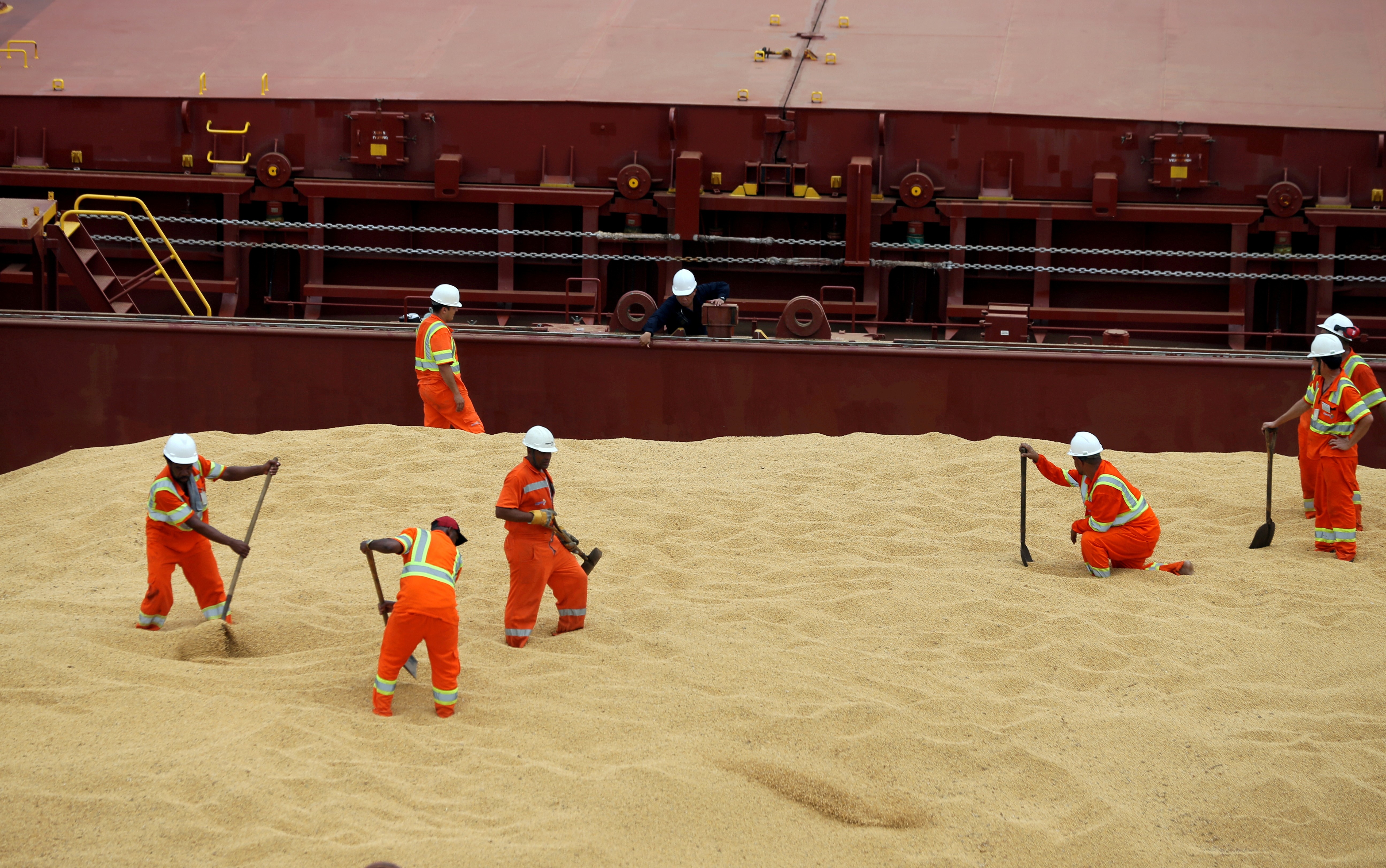 Funcionários trabalhando com grãos de soja em terminal em Santos, Brasil (Foto: REUTERS/Paulo Whitaker)