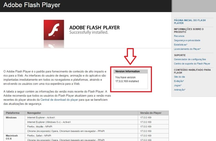 Verifique a versão do Flash Player instalada no seu computador (Foto: Reprodução/Flash Player)