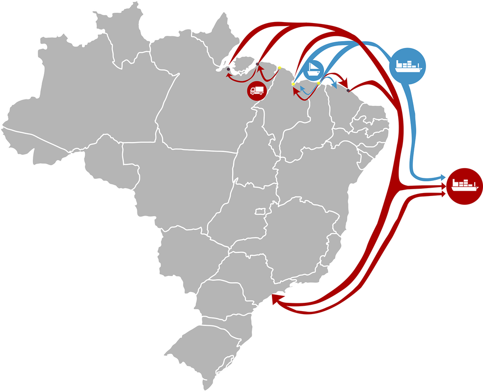 Rota da pesca e venda dos tubarões que saem no norte do Brasil . Vermelho (Rota antes de 2010) e Azul (Rota depois de 2010) (Foto: Divulgação/Plos One)