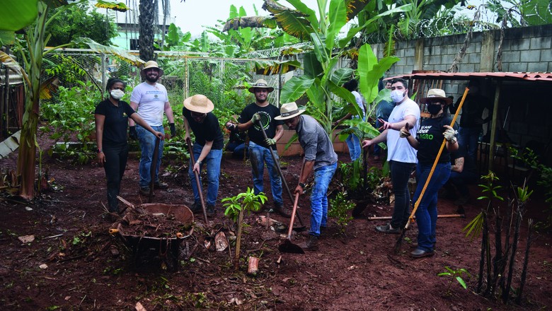 Voluntariado - Acima, grupo prepara terreno para a instalação de horta; abaixo, Wander Aguiar Neto e a horta da Cooper Rama. (Foto: Divulgação )