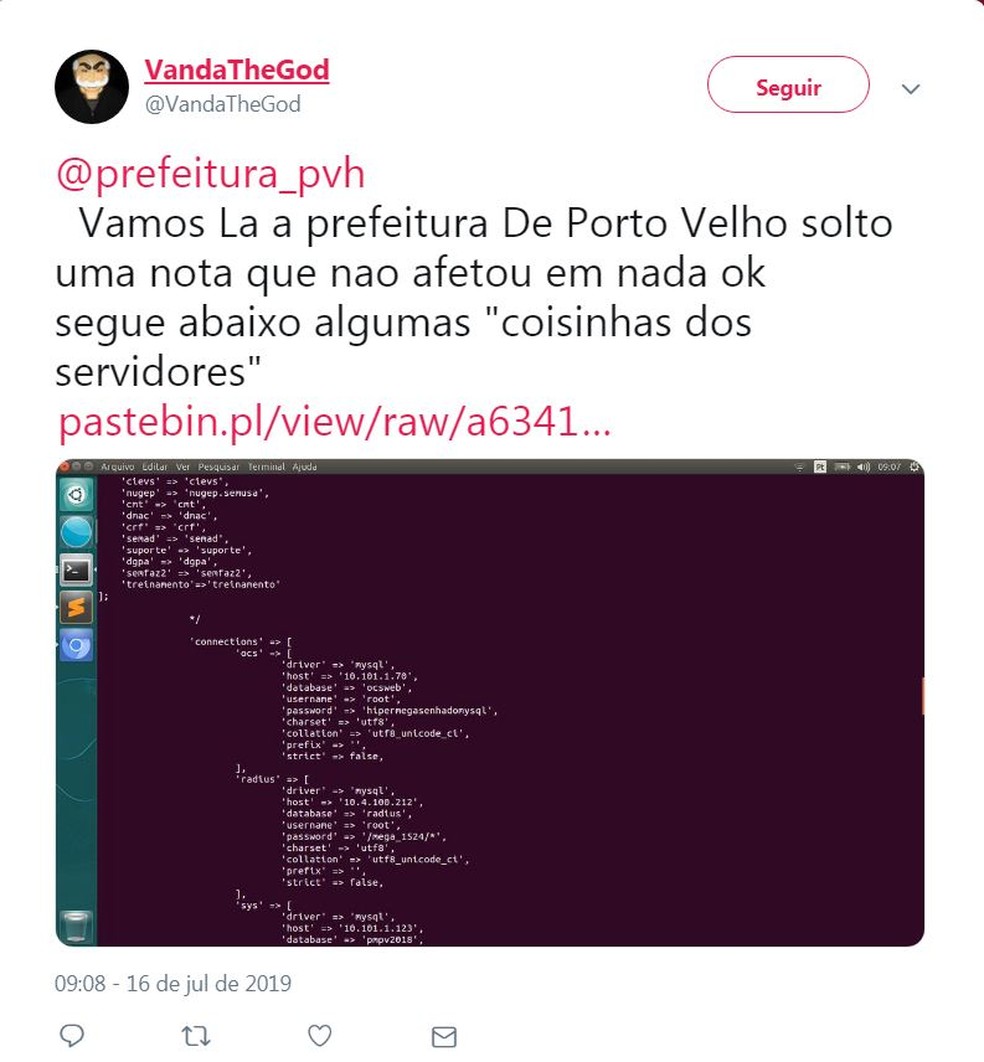 Grupo diz que teve acesso a senhas de servidores da prefeitura — Foto: Twitter/Reprodução