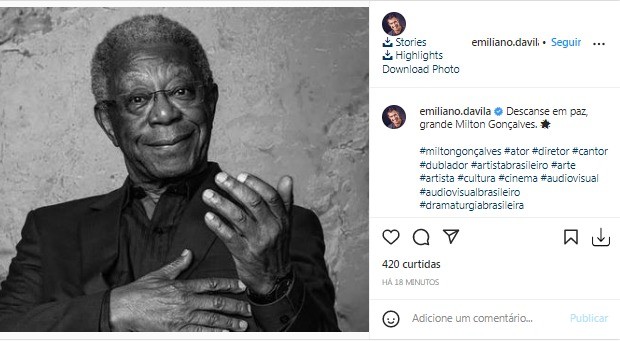 Emiliano Dávila lamenta morte de Milton Gonçalves (Foto: Reprodução/Instagram)