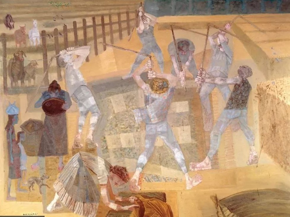 Construção do feijão como símbolo nacional acontece no Modernismo dos anos 1920. Na imagem, o quadro 'Colheita de Feijão' de Cândido Portinari (1957) — Foto: Reprodução