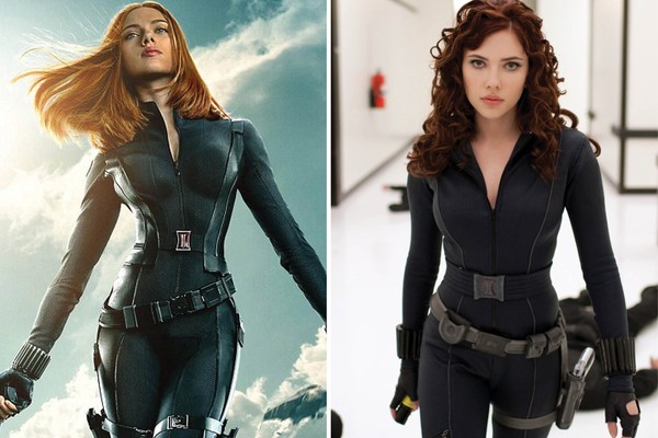 Scarlett Johansson em pôster inédito de 'Capitão América 2' (à esq.) e em 'Homem de Ferro 2' (2010) (Foto: Reprodução)