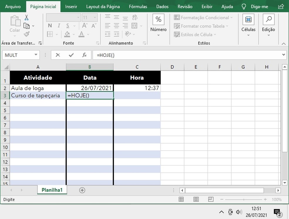 Data no Excel: utilize fórmula para inserir data atualizável em célula — Foto: Reprodução/Raquel Freire