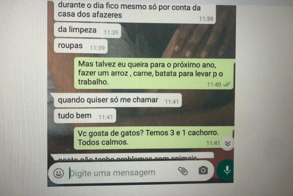 Trecho de conversa entre vítima e mulher suspeita de se passar por empregada doméstica para furtar casas no DF e Goiás — Foto: PCDF/Divulgação