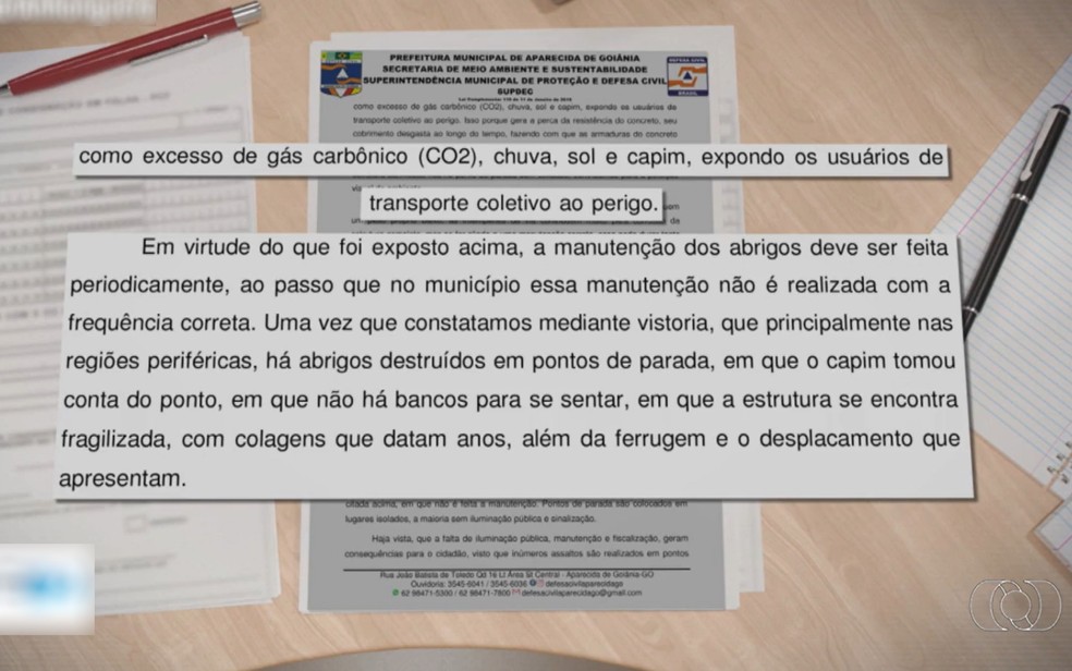 Relatório da Defesa Civil apontou problemas de pontos de ônibus em Aparecida há menos de 5 meses, Goiás — Foto: Reprodução/TV Anhanguera