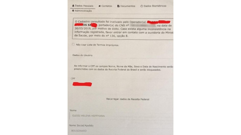 Cadastro alterado da deputada Gleisi Hoffmann no Sistema Único de Saúde — Foto: Reprodução