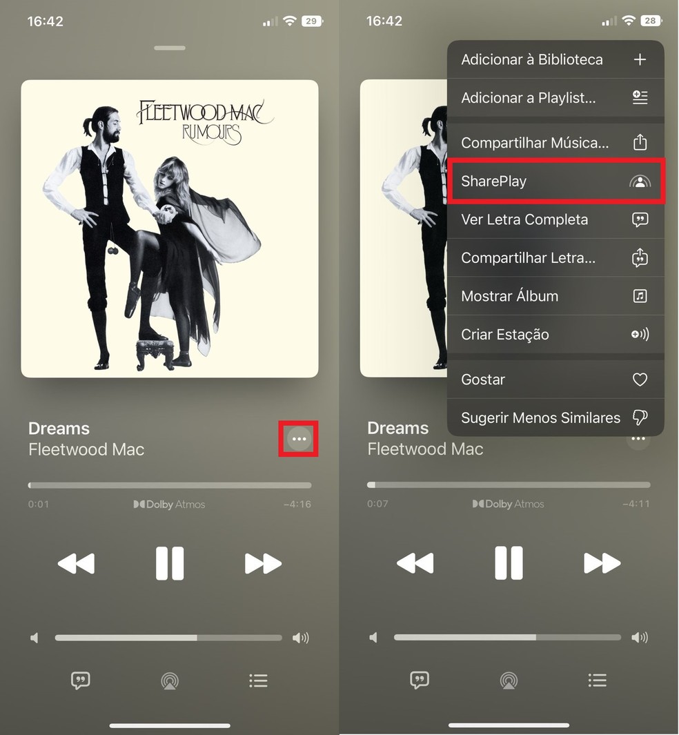 O Apple Music permite que usuários compartilhem faixas para ouvir juntos com o SharePlay — Foto: Reprodução/Clara Fabro