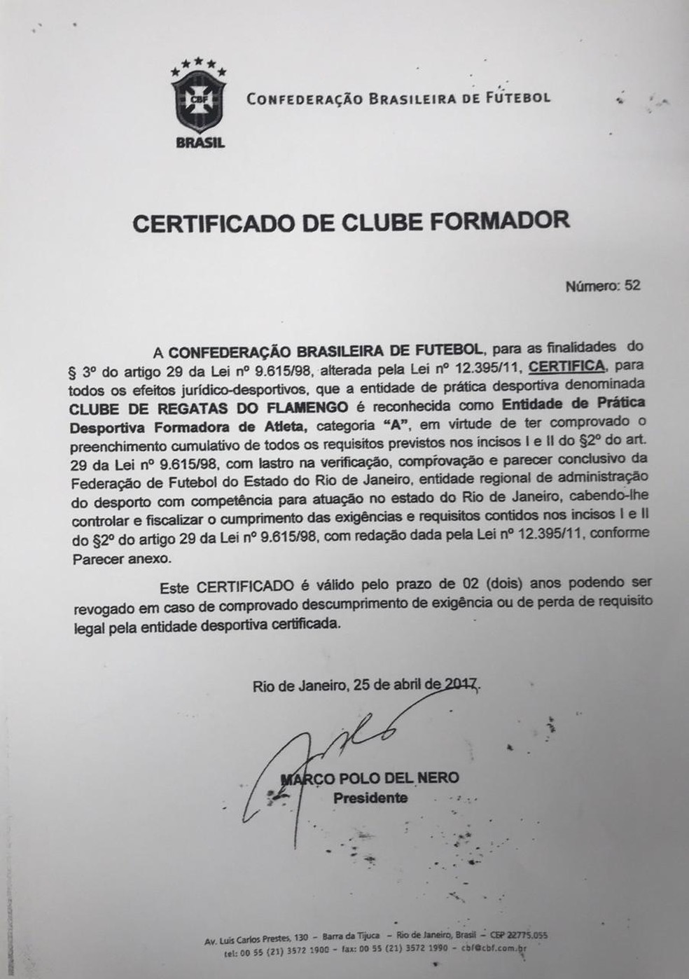 Certificado de clube formador do Flamengo, com validade de dois anos  — Foto: Divulgação / Flamengo
