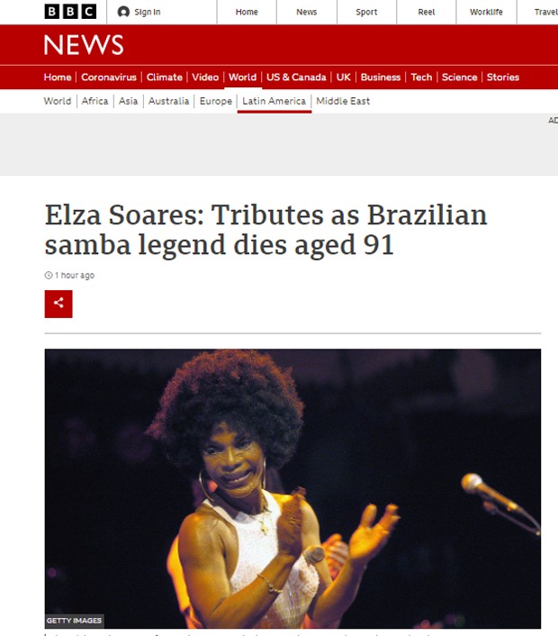 Morte de Elza Soares repercute na BBC News (Foto: Reprodução)