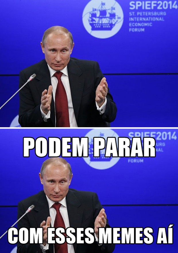 Acima, foto original de Putin, tirada durante evento em maio de 2014. Abaixo, uma representação de um meme, com frases cômicas na imagem para torná-la mais engraçada (Foto: Sergei Karpukhin/Reuters)