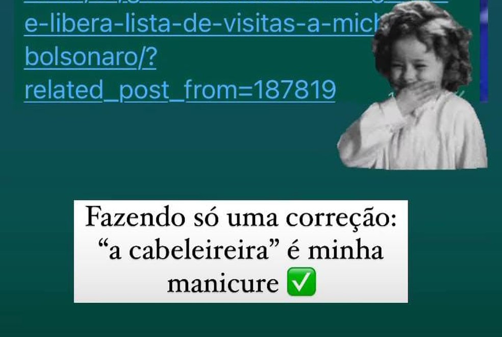 Michelle Bolsonaro ironizou divulgação de lista de visitas ao Palácio do Alvorada — Foto: Reprodução