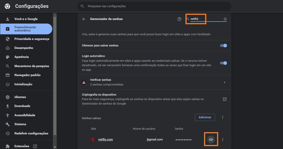 Use a busca para encontrar senhas de sites salvas no Chrome — Foto: Reprodução/Alberto Rocha
