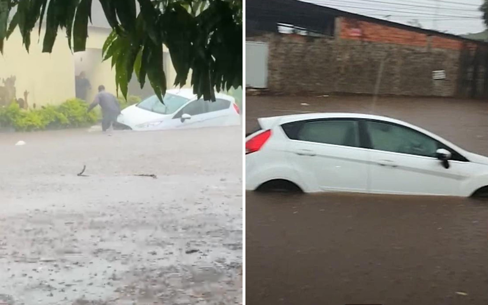 Família com bebê de 8 meses fica presa dentro de carro quase submerso durante temporal em Goiânia