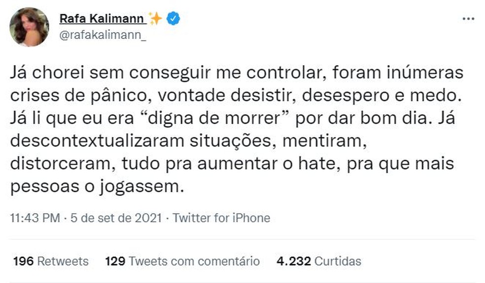 'Foram inúmeras crises de pânico', diz Rafa Kalimann sobre ataques nas redes sociais — Foto: Reprodução/Twitter