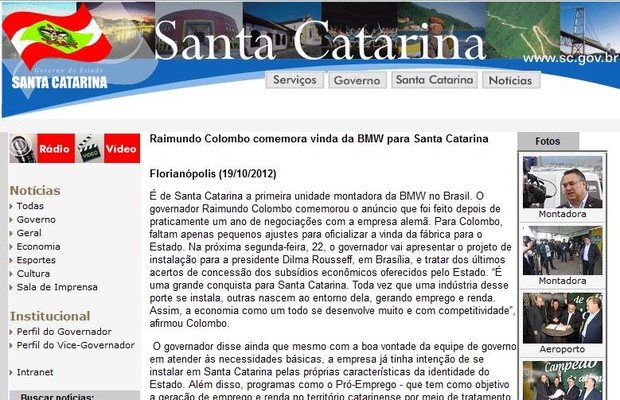 Site do governo de Santa Catarina (Foto: Reprodução)