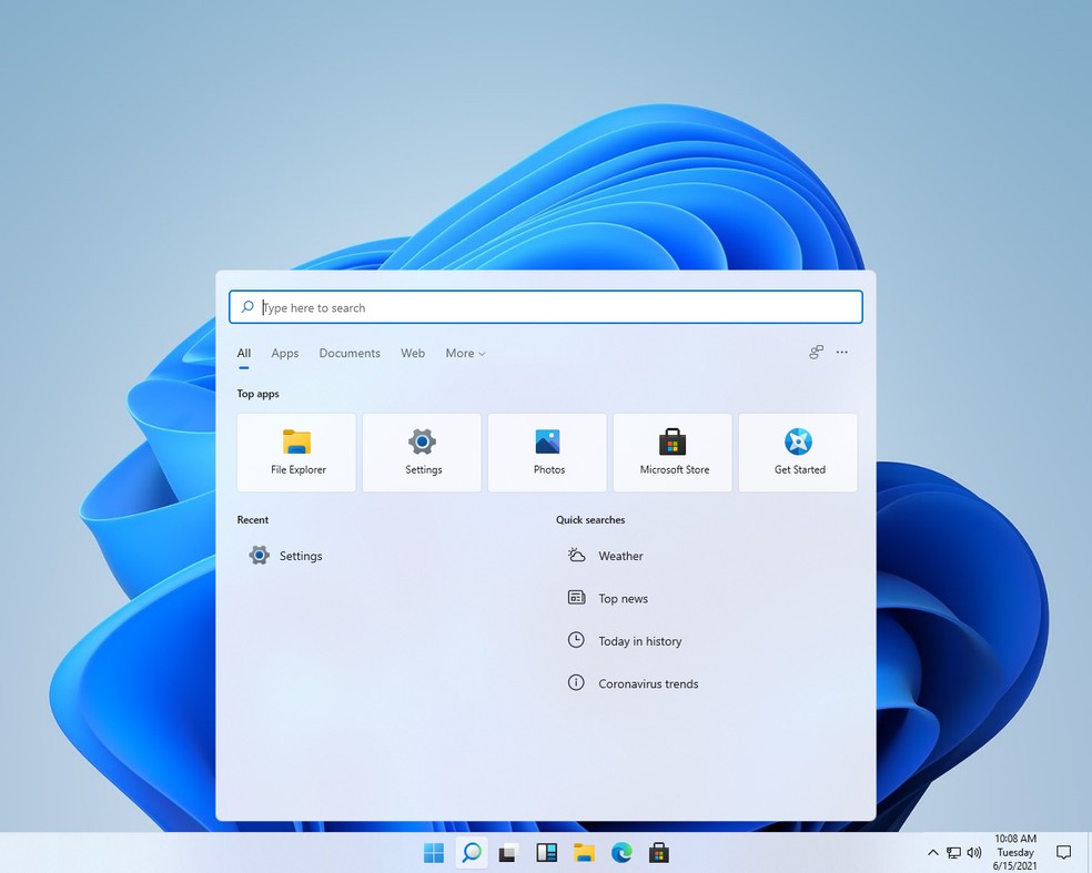 Novo Windows tem visual que lembra o descontinuado Windows 10X, com "Iniciar" centralizado — Foto: Reprodução/Baidu