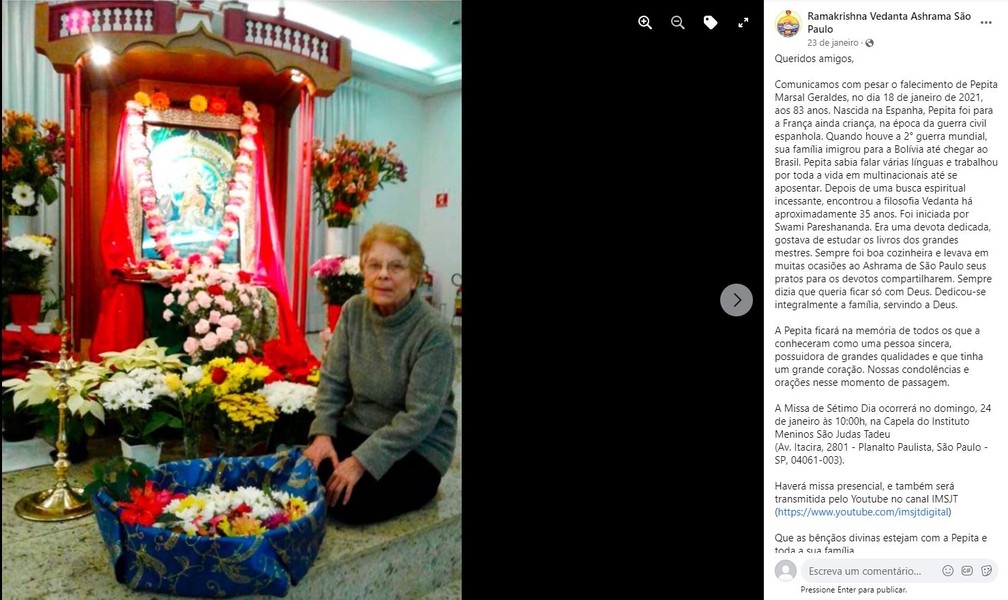 Entidade religiosa da qual Pepita Geraldes fazia parte a homenageou nas redes sociais — Foto: Reprodução/Facebook