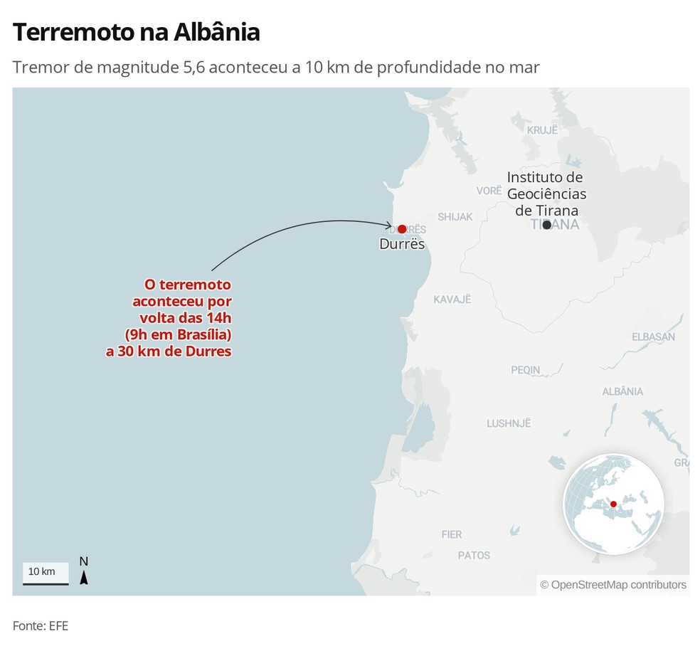 Mapa do terremoto na AlbÃ¢nia â€” Foto: Rodrigo Cunha/G1
