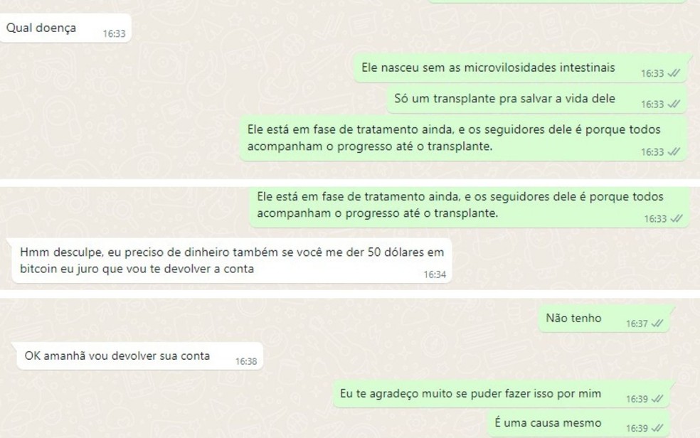 Hacker pede resgate pela conta do menino Davi Miguel. Ao descobrir que o menino sofre de doença rara, ele se compromete a devolver o acesso aos familiares — Foto: Reprodução/Whatsapp