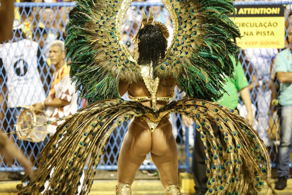 A rainha de bateria do Salgueiro, Viviane Araújo, saúda o público no Setor 1 da Sapucaí (Foto: Marcos Serra Lima/G1)