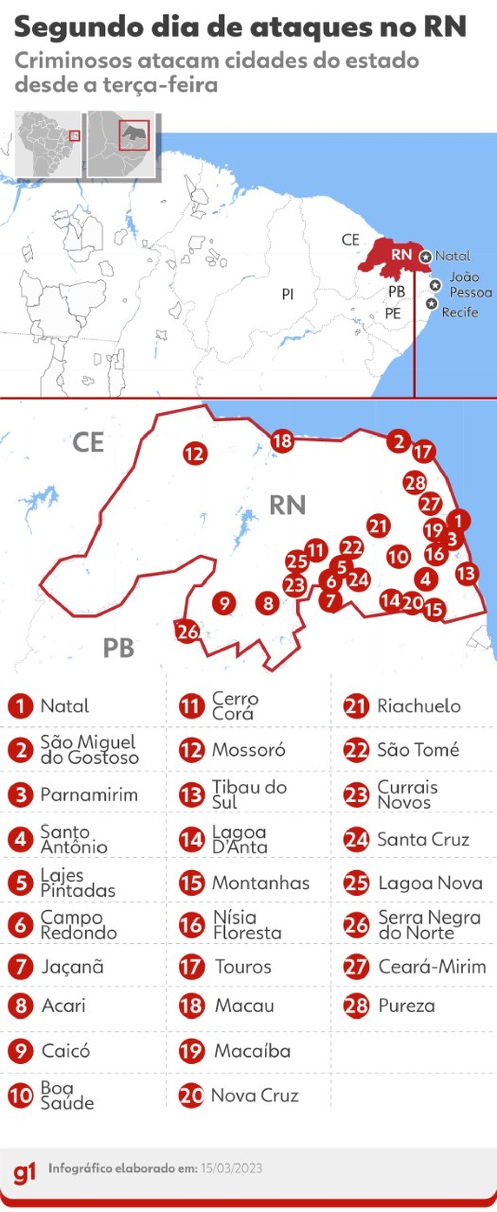 Mapa mostra cidades dos ataques no RN — Foto: Arte/g1