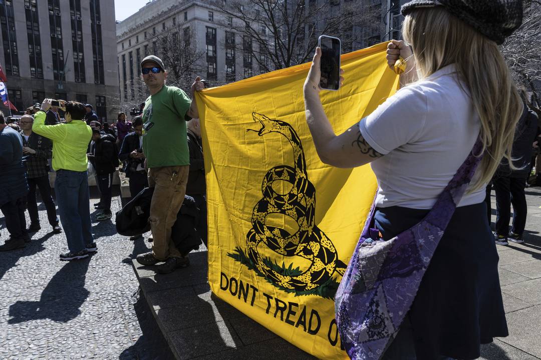 Manifestantes carregam a bandeira de Gadsden, símbolo do libertarianismo