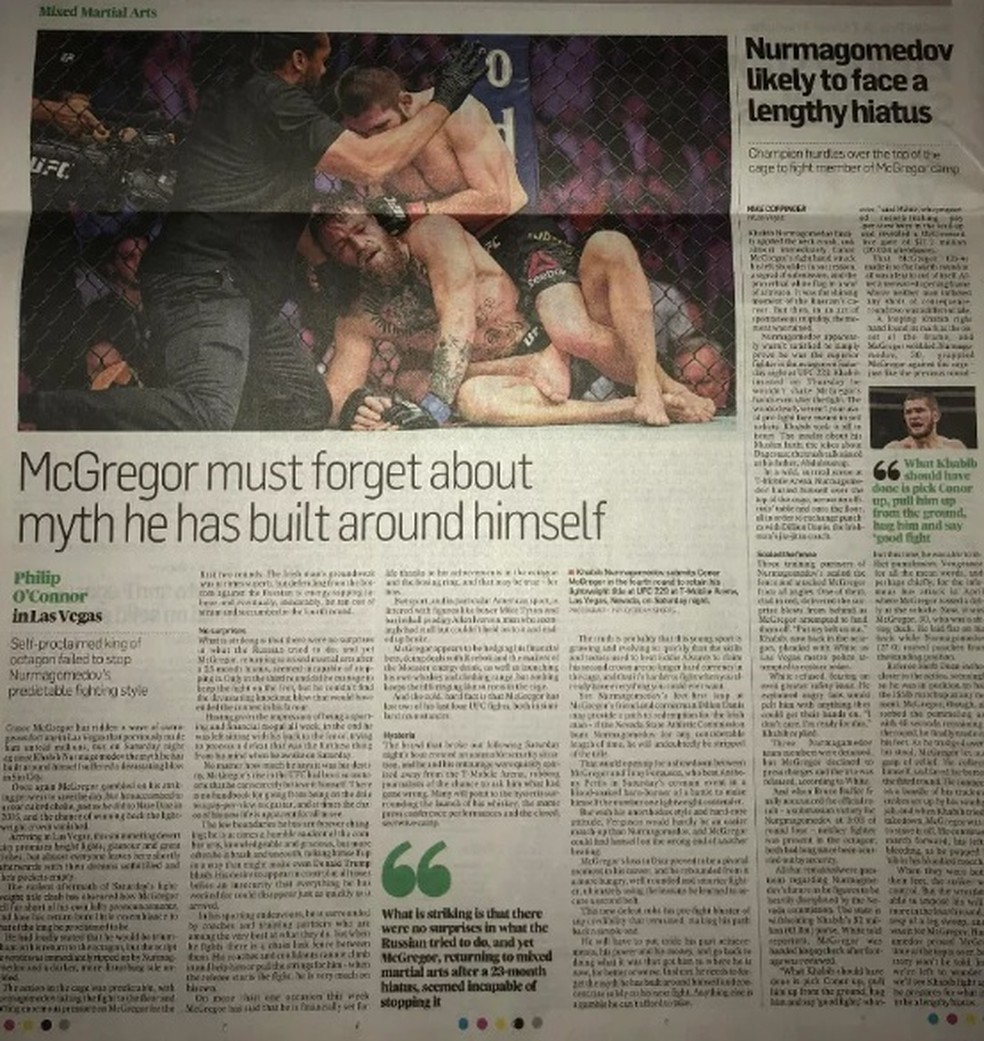 Página do jornal The Irish Times nesta segunda-feira — Foto: Reprodução/MMA Fighting
