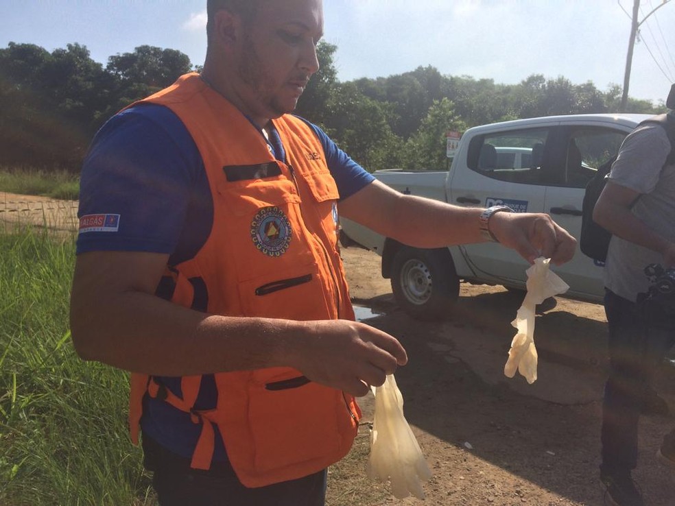 Gasolina é tão forte que derreteu a luva de borracha do pessoal da Defesa Civil — Foto: Alba Valéria Mendonça / G1