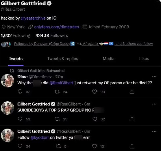 Alguns dos posts compartilhados pelos hackers que invadiram a conta de Gilbert Gottfried (1955-2022) (Foto: Twitter)