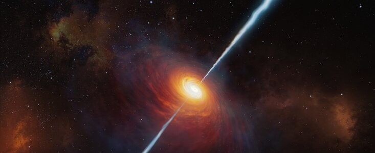 Concepção artística do quasar distante P172+18 e seus jatos de rádio  (Foto: Divulgação/ESO/M. Kornmesser)