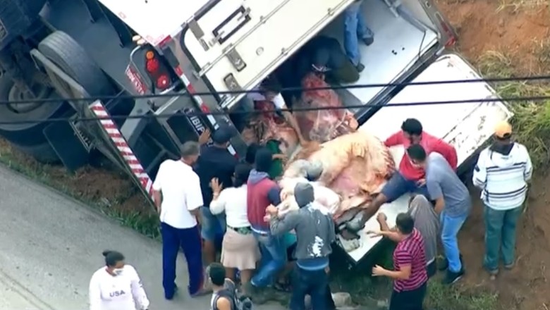 Saque de carne em carreta tombada (Foto: TV Globo/Reprodução)